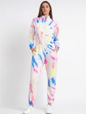 LEZAT Women’s Neon Tie-Dye zip front White Jumpsuit Size XS